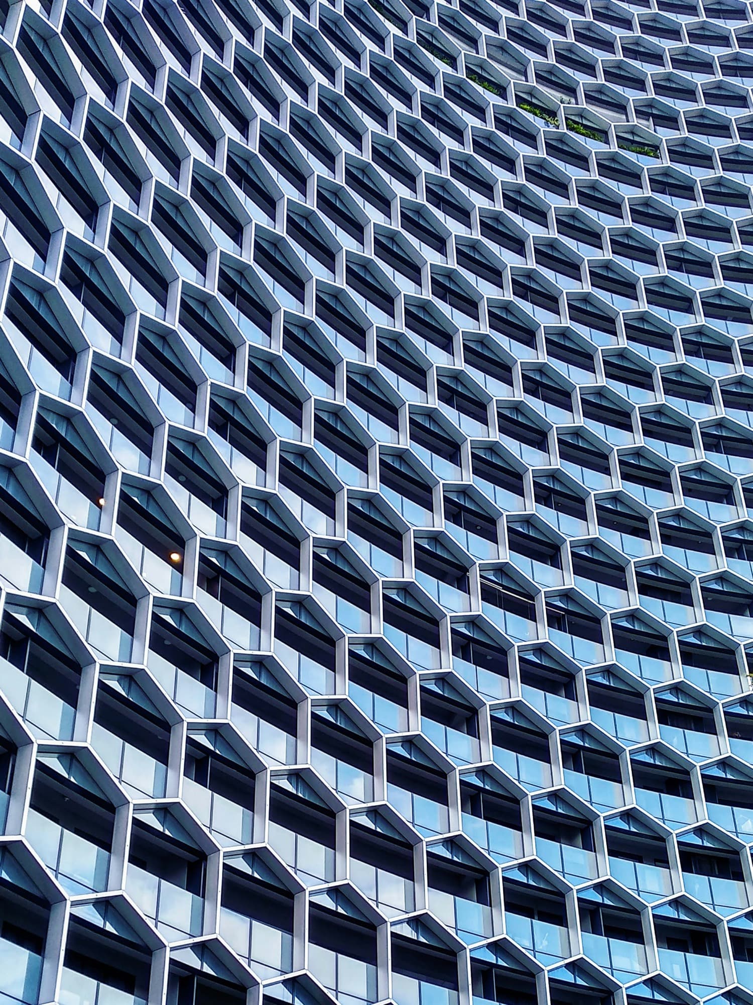 The honeycomb facade of a modern office tower, curving away in repeating hexagonal windows.